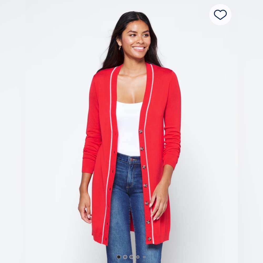 41 Hawthorn Red Long Cardigan with Cream Trim, stitch fix